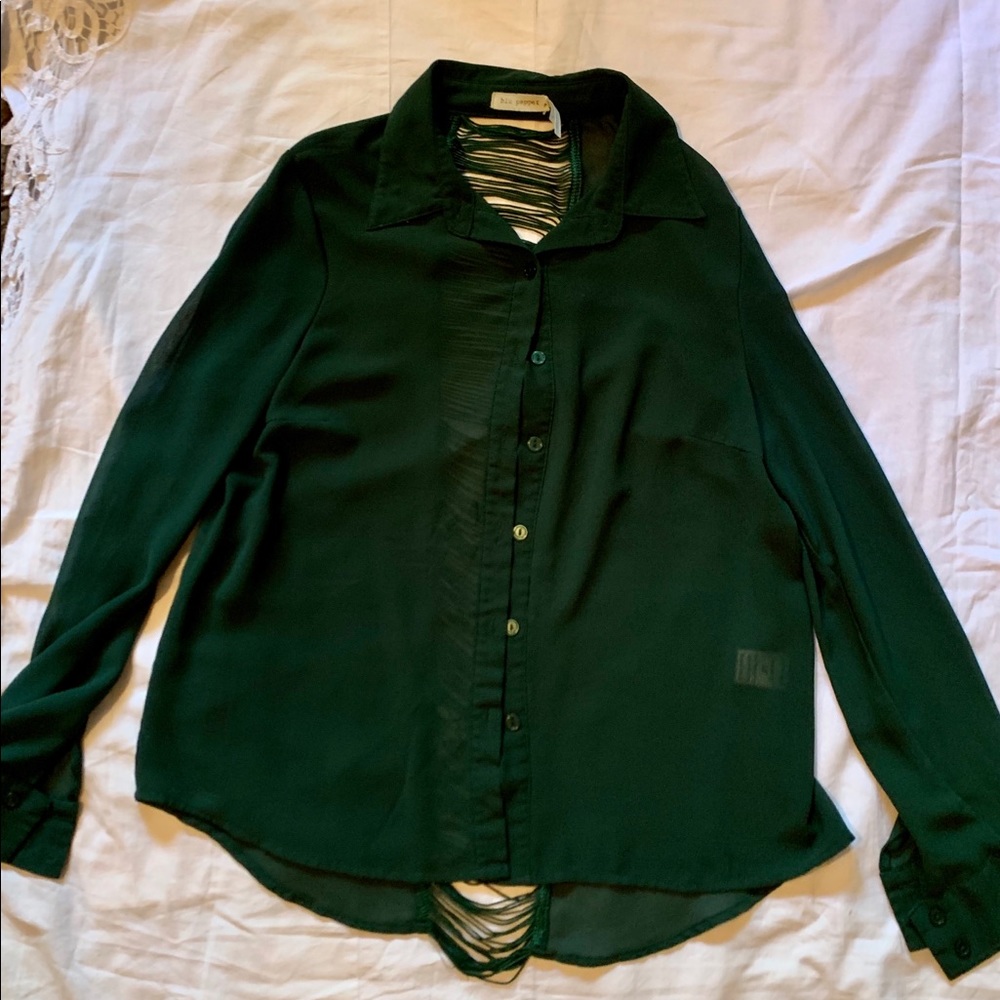 Green button down sheer long sleeve